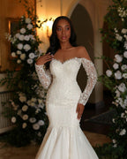Robe de mariée sirène longue ivoire élégante en dentelle et tulle à manches longues