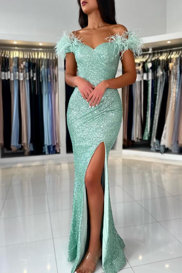 Vestidos largos de fiesta de sirena con hombros descubiertos, lentejuelas y piel sintética con abertura