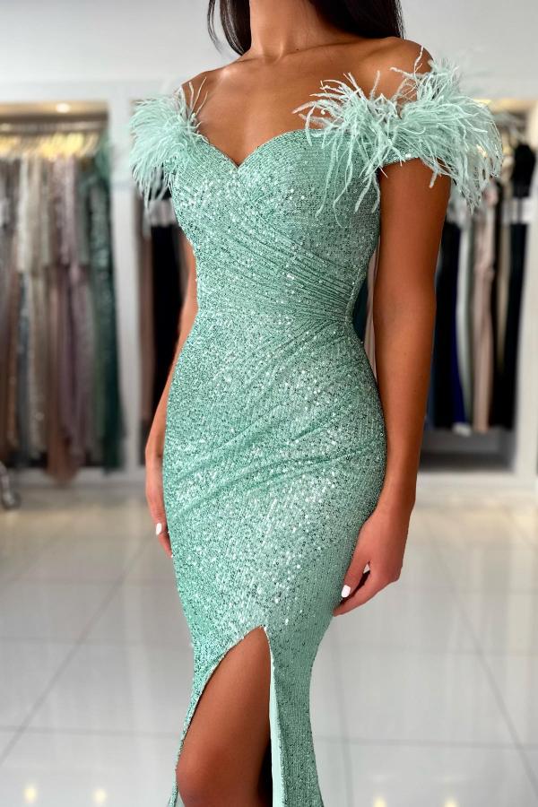 Vestidos largos de fiesta de sirena con hombros descubiertos, lentejuelas y piel sintética con abertura