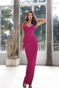 Robe de bal élégante à bretelles longues et perles, sans manches, longueur au sol