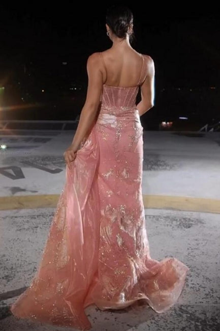 Robe de bal élégante et sexy en dentelle rose à bretelles spaghetti et fente