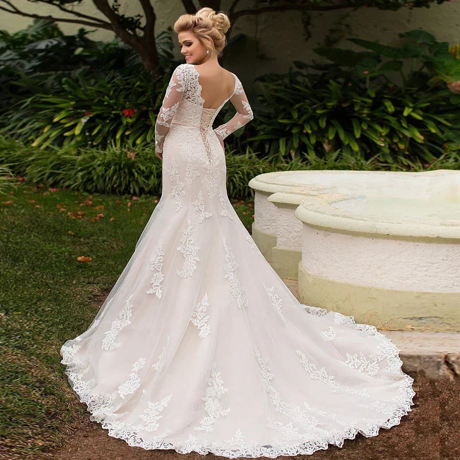 Robe De mariée sirène élégante, manches longues, avec des Appliques, dos à lacets, Sexy, dos nu