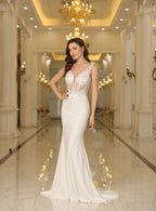 Elegante vestido largo hasta el suelo con escote en V, sin mangas, apliques de encaje y corte sirena