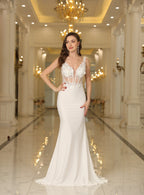 Elegante vestido largo hasta el suelo con escote en V, sin mangas, apliques de encaje y corte sirena