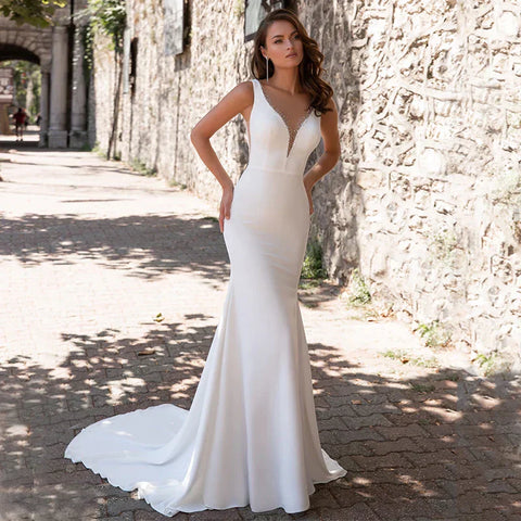 Elegant Mermaid Wedding Dress Women V-Neck Sleeveless Sweep Train Satin Spaghetti Strap Bridal Gown Button Back Vestido De Novia