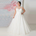 Vestidos de novia elegantes de tallas grandes con cuello redondo, confeccionados a medida, con apliques de organza transparente y corte en A. 