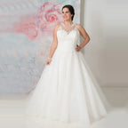 Vestidos de novia elegantes de tallas grandes con cuello redondo, confeccionados a medida, con apliques de organza transparente y corte en A. 