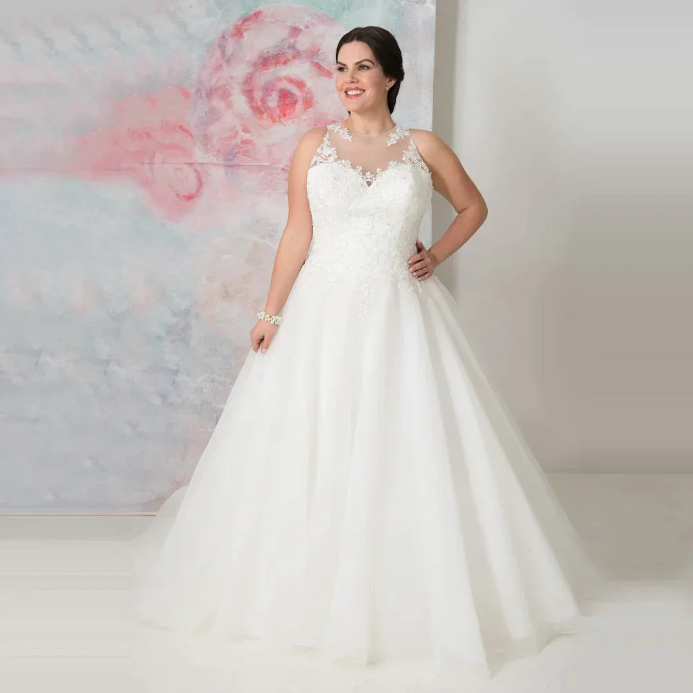 Vestidos de novia elegantes de tallas grandes con cuello redondo, confeccionados a medida, con apliques de organza transparente y corte en A. 