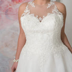 Vestidos de novia elegantes de tallas grandes con cuello redondo, confeccionados a medida, con apliques de organza transparente y corte en A. 