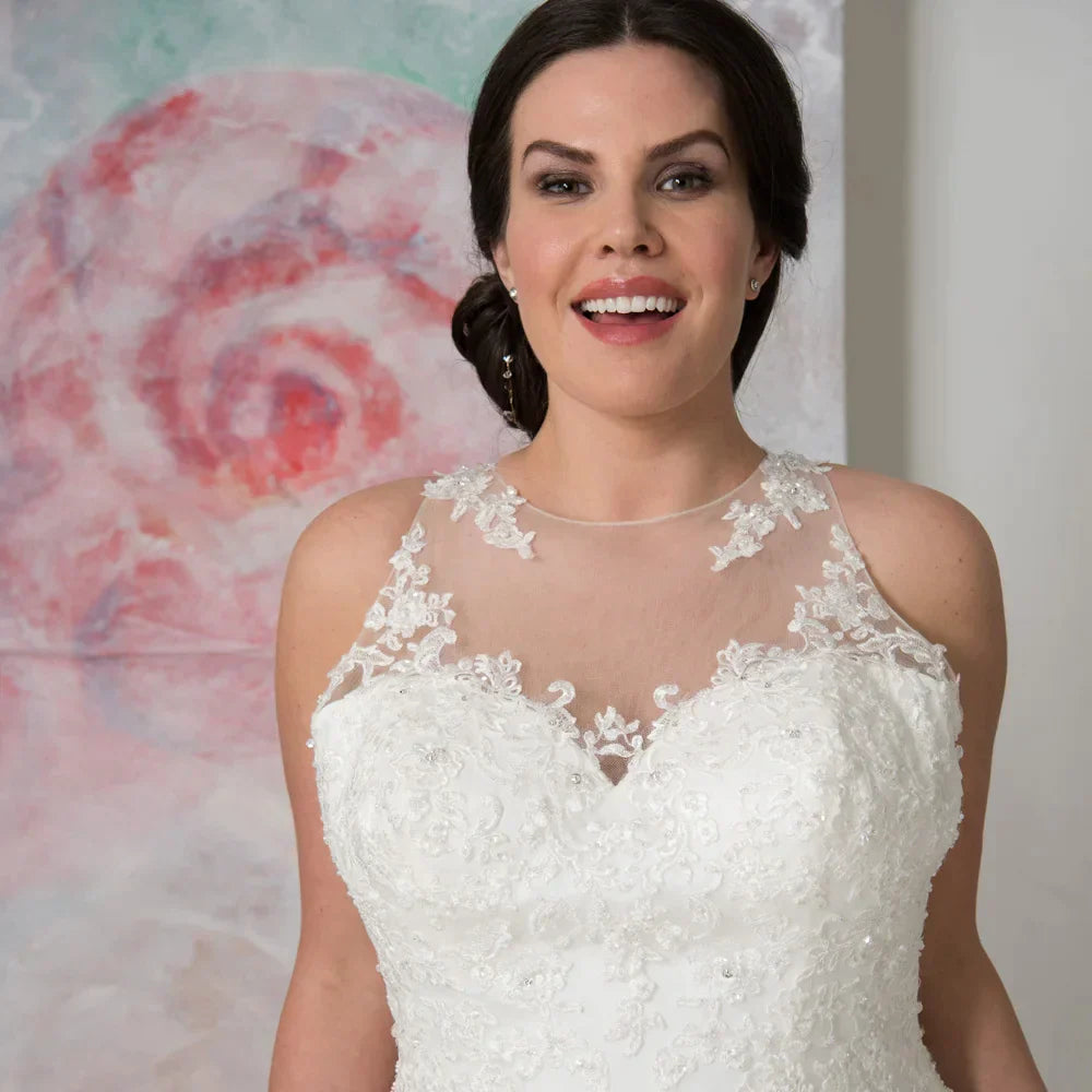 Vestidos de novia elegantes de tallas grandes con cuello redondo, confeccionados a medida, con apliques de organza transparente y corte en A. 