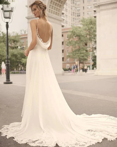 Robe de mariée élégante à épaules dénudées, sans manches, dos nu, bretelles spaghetti, appliques, dos nu 