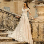Robes de mariée élégantes à col rond 2023, manches longues en dentelle, coupe trapèze, robe de mariée tendance pour femme, bretelles dos nu.