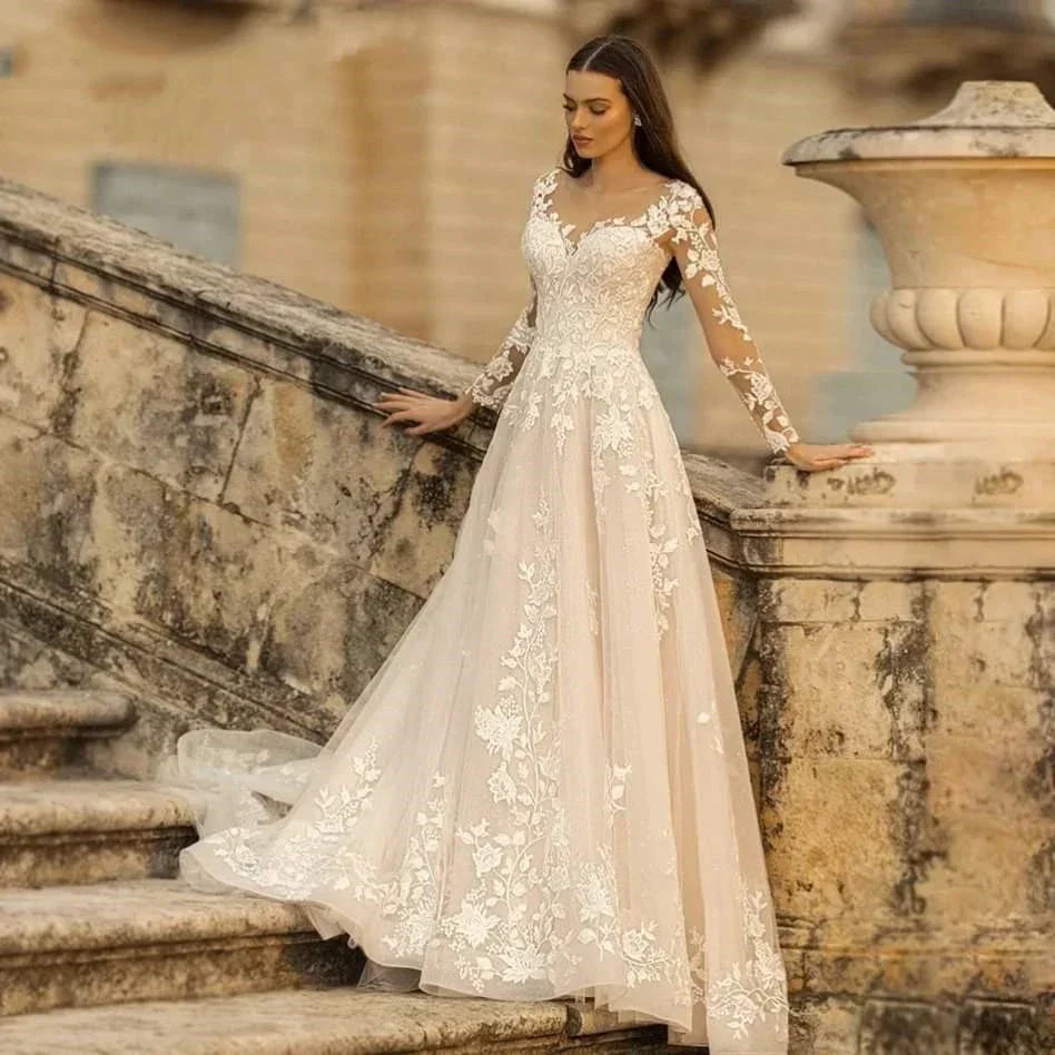 Robes de mariée élégantes à col rond 2023, manches longues en dentelle, coupe trapèze, robe de mariée tendance pour femme, bretelles dos nu.