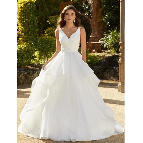 Vestidos de novia elegantes con volantes para mujer, con escote en V, espalda descubierta y corte en A sin mangas.