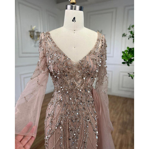 Robe de soirée élégante turquoise fendue en sirène, manches longues et perles, pour femme, tenue de mariage, LA71793A 