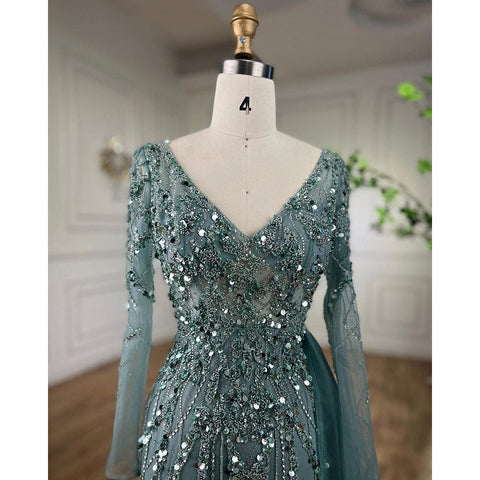 Robe de soirée élégante turquoise fendue en sirène, manches longues et perles, pour femme, tenue de mariage, LA71793A 