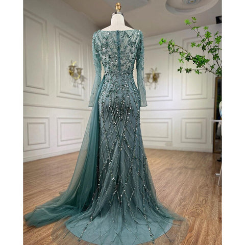 Robe de soirée élégante turquoise fendue en sirène, manches longues et perles, pour femme, tenue de mariage, LA71793A 