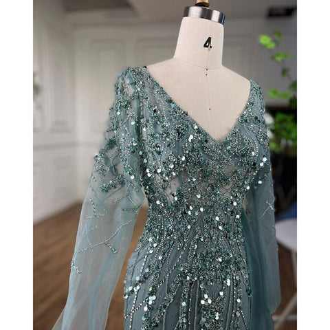 Robe de soirée élégante turquoise fendue en sirène, manches longues et perles, pour femme, tenue de mariage, LA71793A 