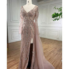 Elegant Turquoise High Split Meramid Long Sleeves Evening Dress with Beaded  For Women Wedding Party LA71793A