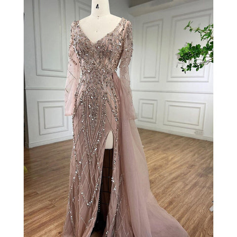 Robe de soirée élégante turquoise fendue en sirène, manches longues et perles, pour femme, tenue de mariage, LA71793A 