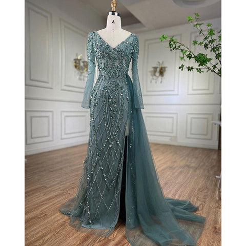 Robe de soirée élégante turquoise fendue en sirène, manches longues et perles, pour femme, tenue de mariage, LA71793A 