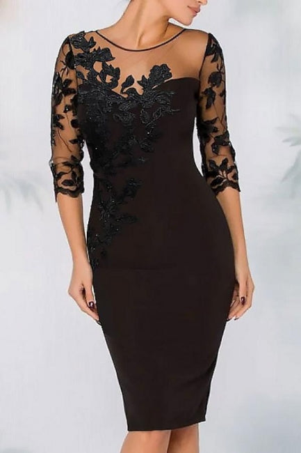 Elegantes vestidos cortos de satén de encaje negro para la madre de la novia con mangas