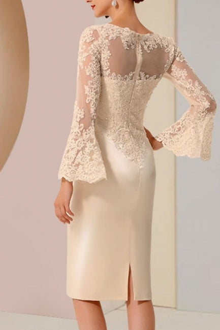 Elegantes vestidos cortos de satén y encaje para la madre de la novia con mangas largas