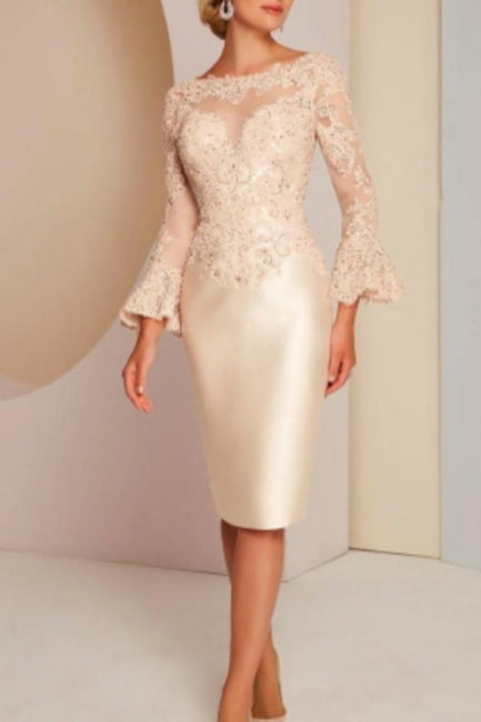Elegantes vestidos cortos de satén y encaje para la madre de la novia con mangas largas
