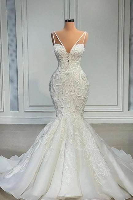 Élégantes robes de mariée sirène bustier sans manches en satin et dentelle 