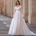 Robe de mariée élégante à col en V, grande taille, en dentelle, manches longues, dos nu, tulle blanc, traîne balayée, Vestidos De Novia