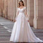 Robe de mariée élégante à col en V, grande taille, en dentelle, manches longues, dos nu, tulle blanc, traîne balayée, Vestidos De Novia