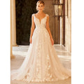 Elegante vestido de novia para mujer con escote en V, mangas cortas, apliques de encaje y cola de barrido con botones.