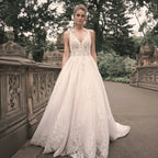 Vestidos de novia elegantes para mujer, populares en verano, corte en A, escote en V, sin mangas, apliques, espalda descubierta. 