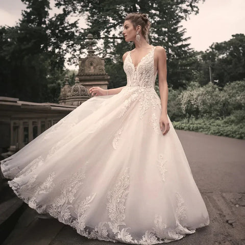 Vestidos de novia elegantes para mujer, populares en verano, corte en A, escote en V, sin mangas, apliques, espalda descubierta. 