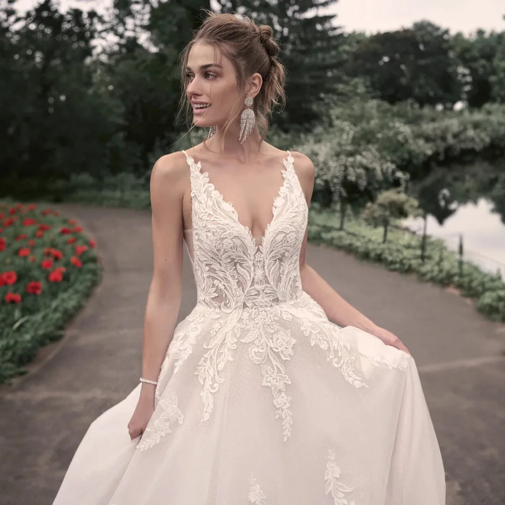 Vestidos de novia elegantes para mujer, populares en verano, corte en A, escote en V, sin mangas, apliques, espalda descubierta. 