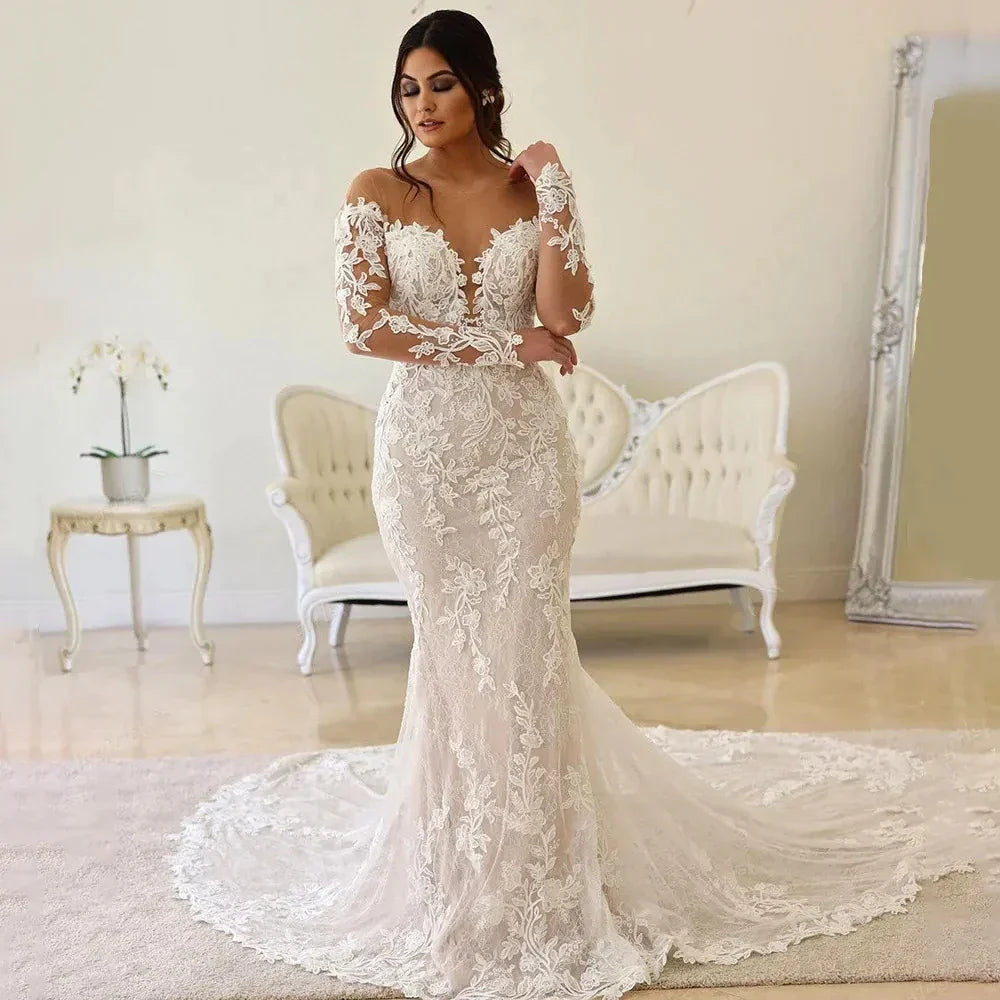 Robes de mariée élégantes pour femmes, décolleté cœur, manches longues, dentelle, dos nu, Vestidos De Novia 2023
