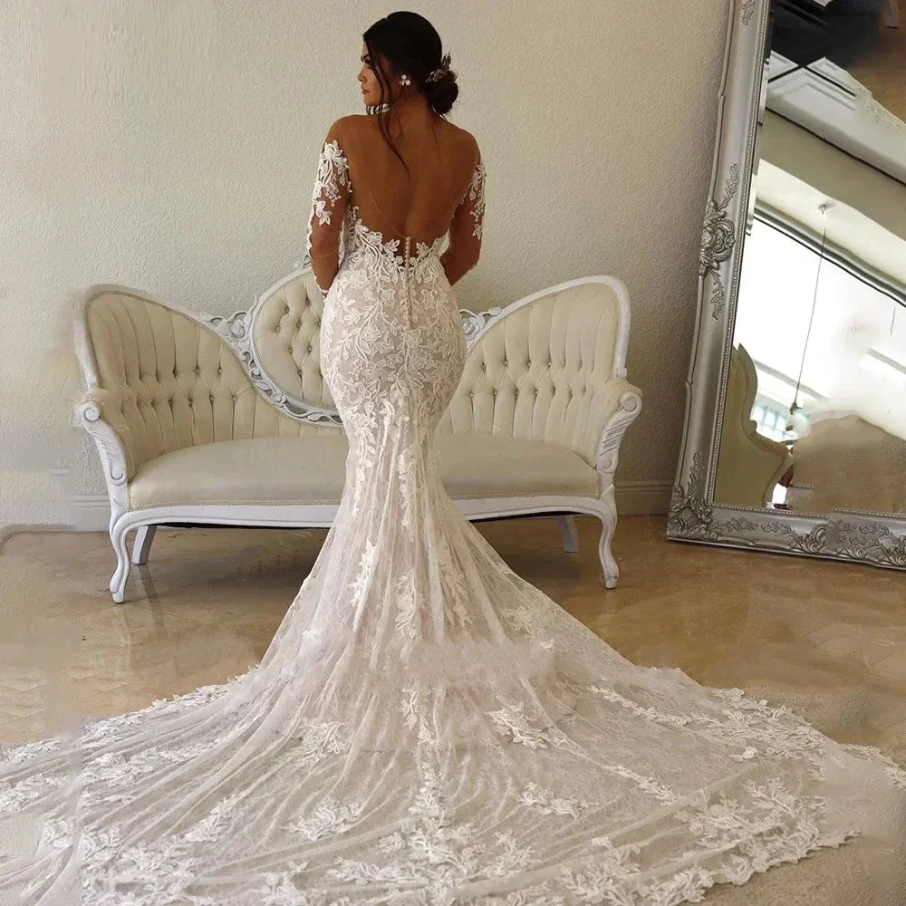 Robes de mariée élégantes pour femmes, décolleté cœur, manches longues, dentelle, dos nu, Vestidos De Novia 2023