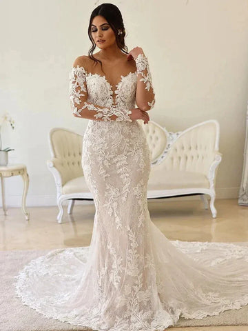 Elegant Wedding Dresses For Women Sweetheart Long Sleeves Bridal Gowns Lace Appliques Backless Robes Vestidos De Novia 2023