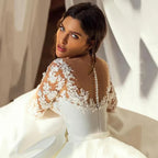 Robes de mariée élégantes à manches longues pour femmes, coupe princesse, robe de mariée trapèze sur mesure, applications de dentelle, robe de mariée en satin 