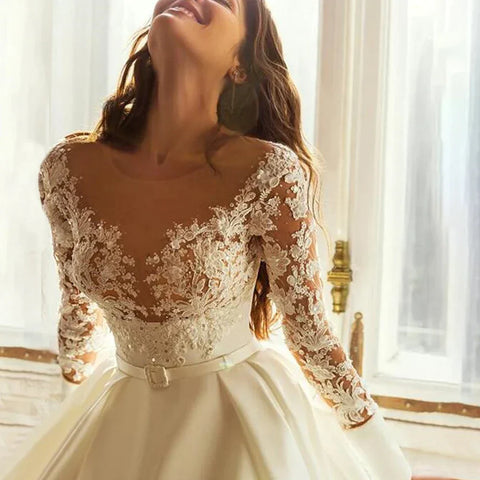 Elegant Wedding Dresses Long Sleeves For Women Princess A Line Bridal Gowns Custom Made Lace Appliques Satin Robe De Mariee