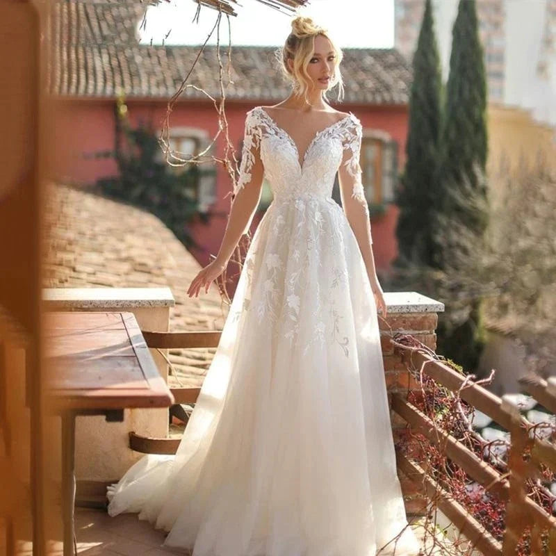 Robes De mariée élégantes col en v manches longues dentelle Appliques Vestido De Noiva dos nu Tulle robes De Novia