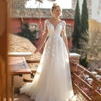 Robes De mariée élégantes col en v manches longues dentelle Appliques Vestido De Noiva dos nu Tulle robes De Novia
