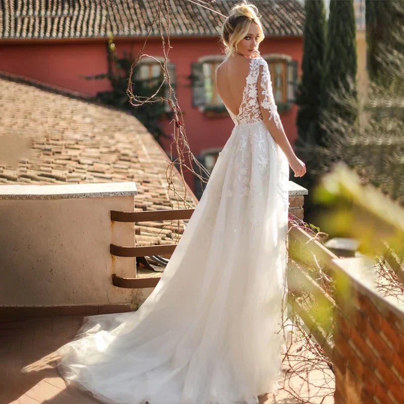 Robes De mariée élégantes col en v manches longues dentelle Appliques Vestido De Noiva dos nu Tulle robes De Novia