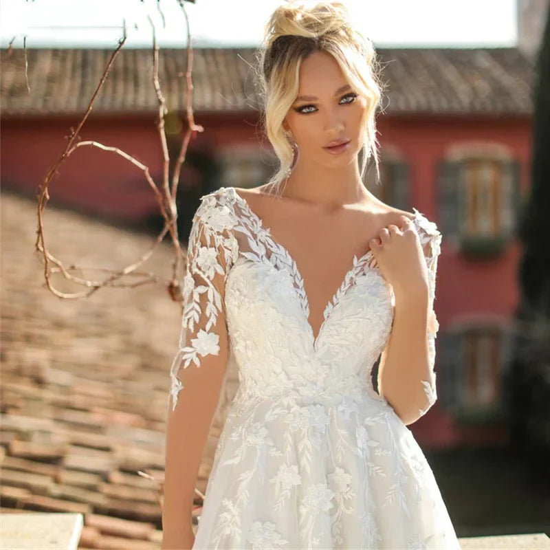 Robes De mariée élégantes col en v manches longues dentelle Appliques Vestido De Noiva dos nu Tulle robes De Novia