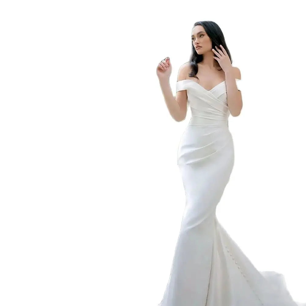 Elegant White Satin Gown with Off the Shoulder Pleated Mermaid Sweep Train Floor-Length Evening Gown for Women vestidos de novia