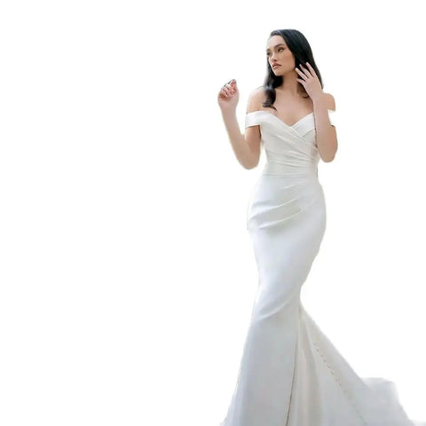 Robe de soirée élégante en satin blanc avec épaules dénudées, plissée, traîne sirène, longueur au sol, pour femme 