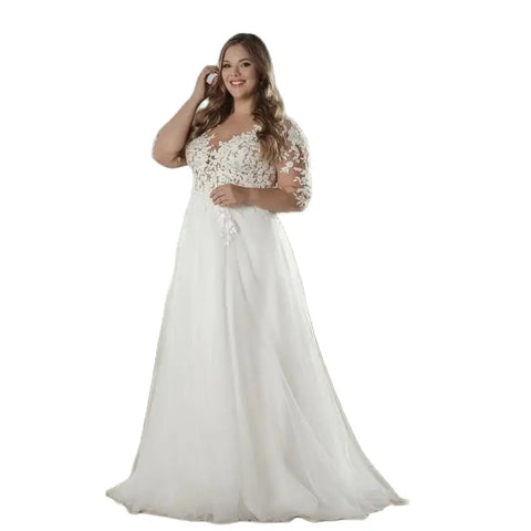 Vestido de novia blanco elegante con escote en V, manga corta y apliques de encaje. Tallas grandes. Largo hasta el suelo. 