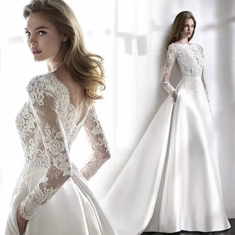 Robe de mariée blanche élégante, style vintage italien, dos nu, dentelle appliquée, manches longues, poches, robe de mariée longue jusqu'au sol, Vestidos De Novia