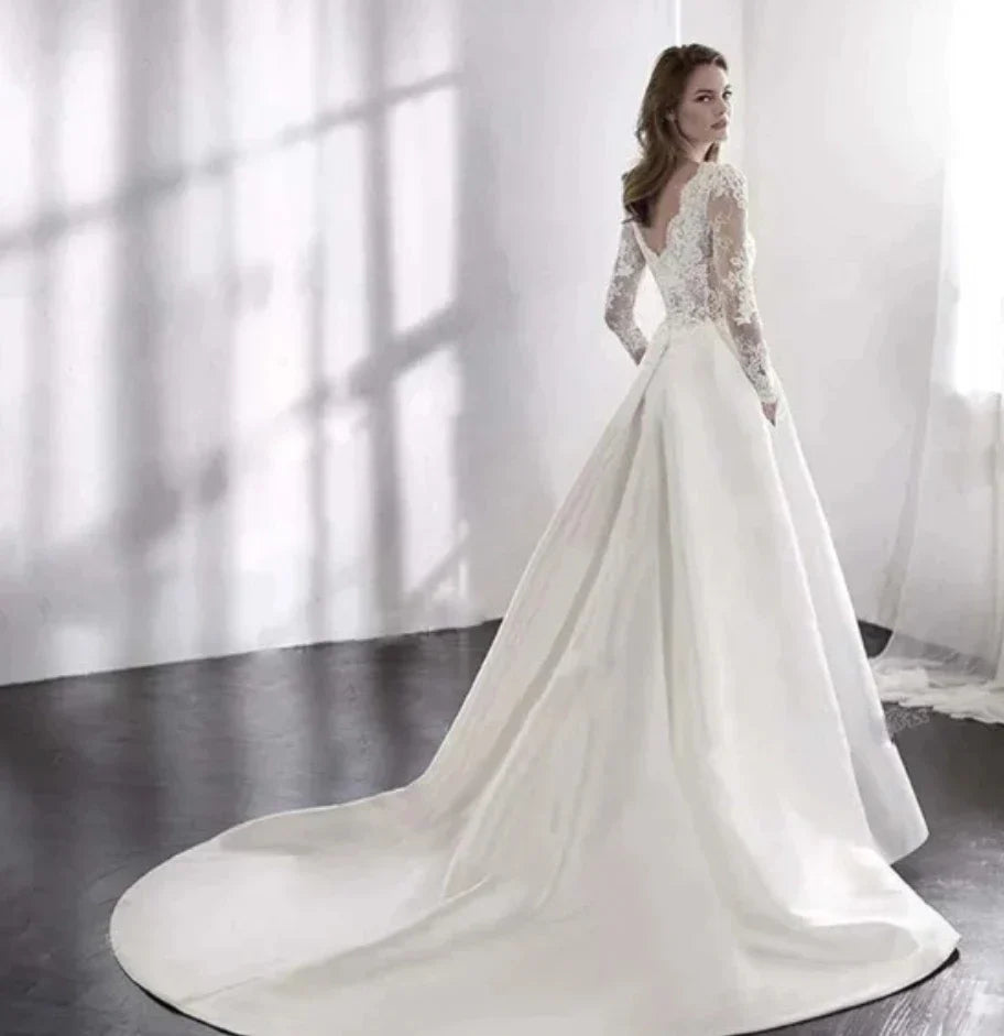 Robe de mariée blanche élégante, style vintage italien, dos nu, dentelle appliquée, manches longues, poches, robe de mariée longue jusqu'au sol, Vestidos De Novia