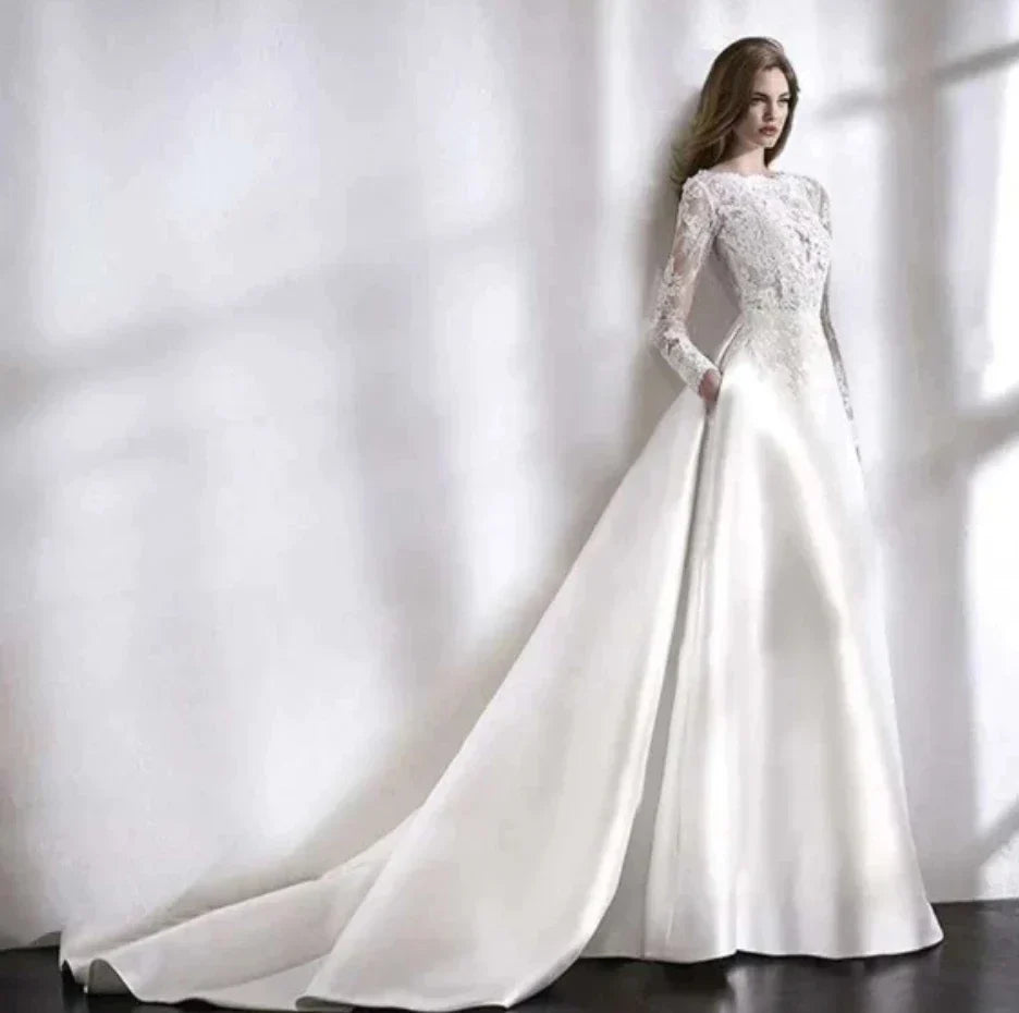 Robe de mariée blanche élégante, style vintage italien, dos nu, dentelle appliquée, manches longues, poches, robe de mariée longue jusqu'au sol, Vestidos De Novia